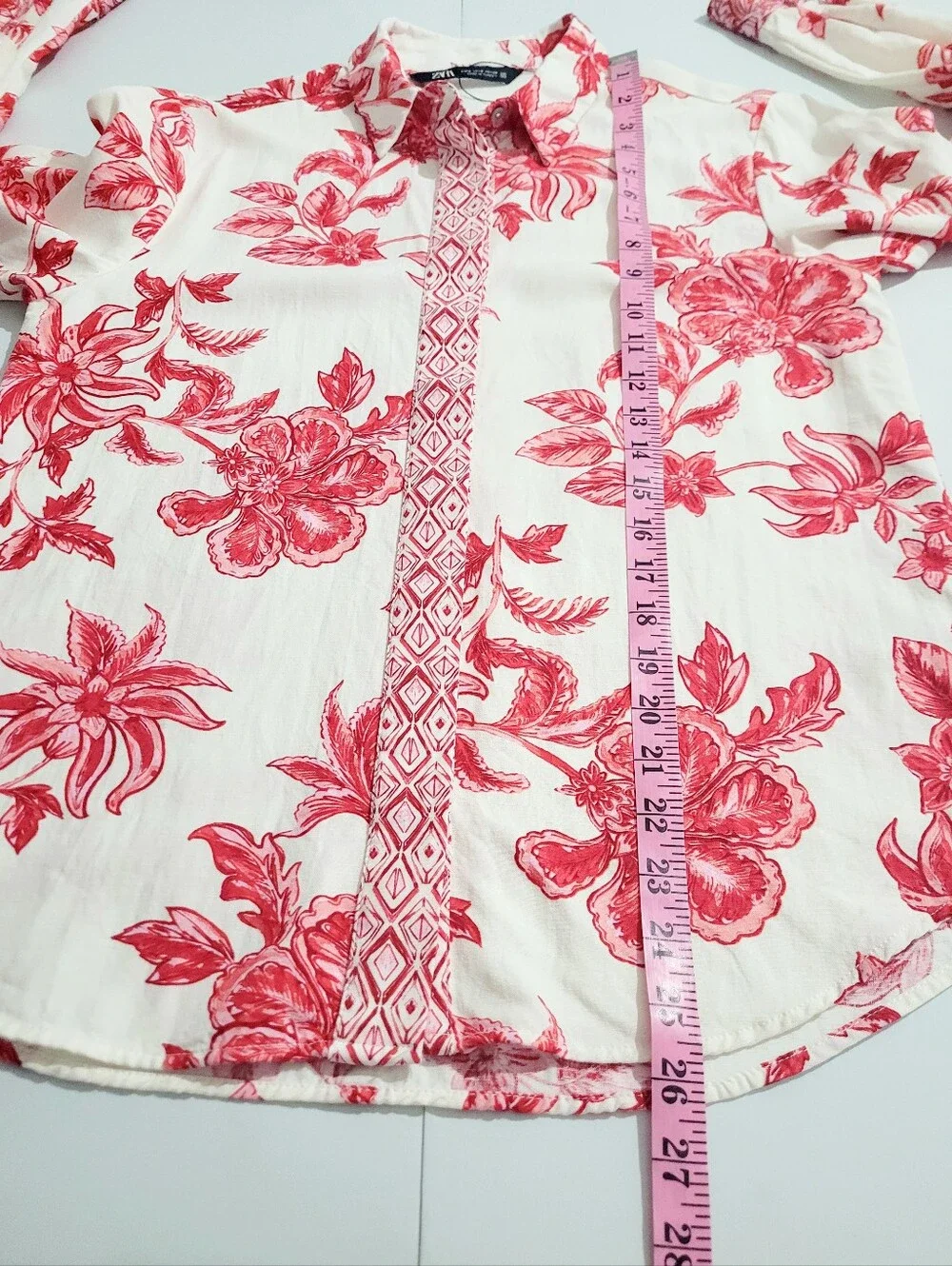 NWOT Zara Floral Linen Blend Button Front Blouse Women's Small Red White Boho - Picture 10 of 12